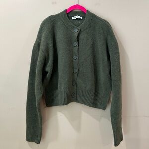 ZARA Soft Knit Cropped Cardigan Sweater Top Olive Green Button Women L New